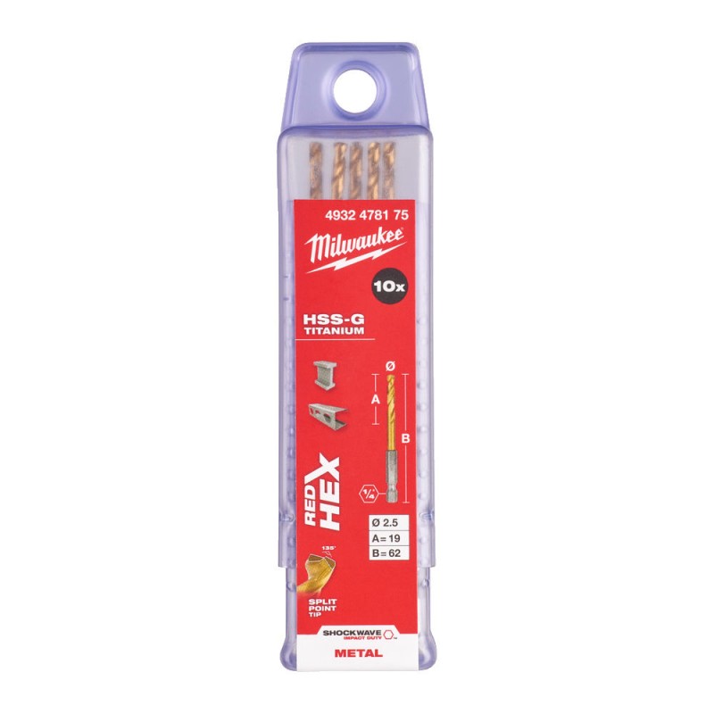 Сверло по металлу MILWAUKEE HSS-G TIN RED HEX ⌀2,5 ММ (упаковка 10шт.) 4932478175